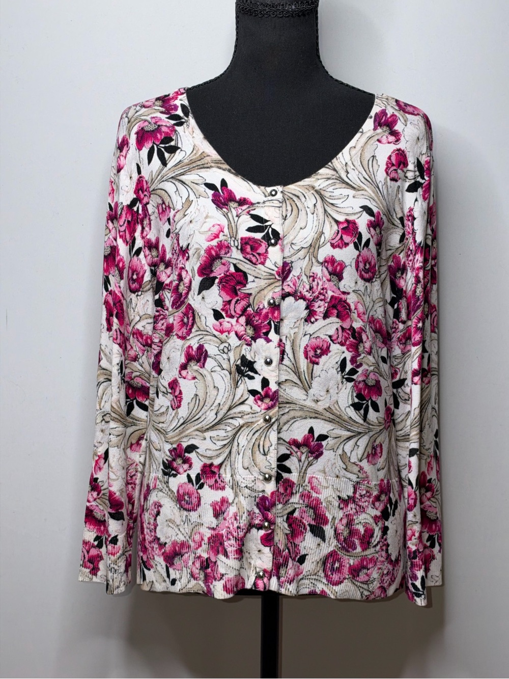 White House Black Market Pink Black Floral Button-Up Cardigan Size Large